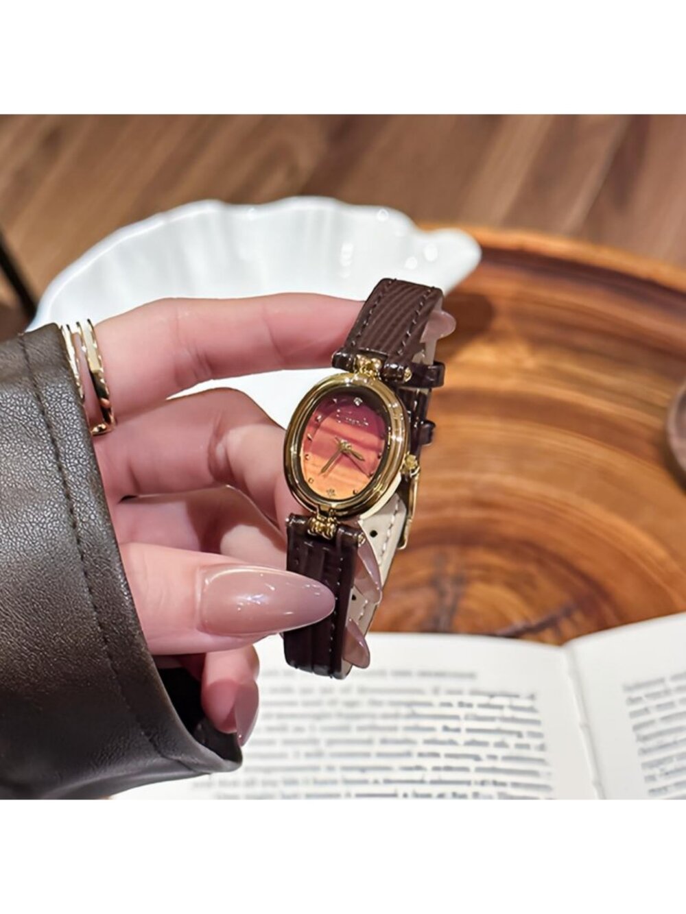 Women's Brown Gold Fashion Small Oval Quartz Leather Band Minimalist Wrist Watch - Picture 5 of 6